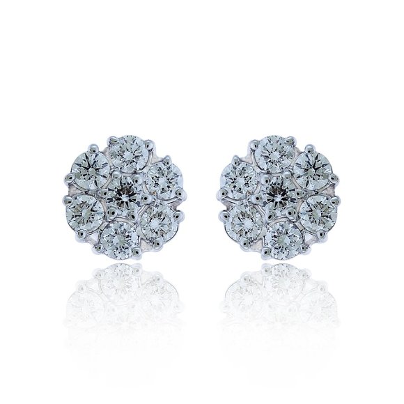 1.00 Carat Round Cut Diamond Cluster Stud Earrings 14K White Gold - Picture 1 of 5
